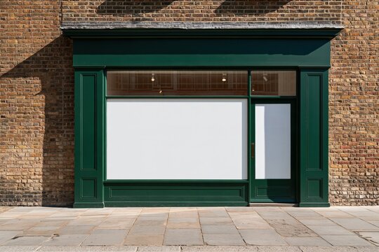Empty green shopfront with large blank display window and glass door for retail signage mockup and exterior banner design