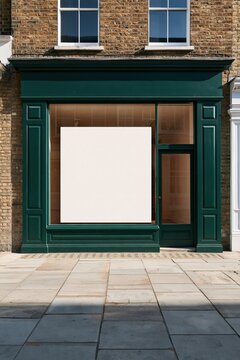 Classic dark green shopfront with oversized cream display panel in window and glass entrance on brick facade for retail mockup and storefront background
