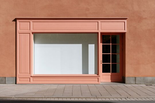 Minimal pink storefront facade with large display window and door for retail background and banner design and wallpaper