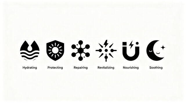 Solid silhouette skincare efficacy icon kit, representing repairing, revitalizing, nourishing, and soothing skincare, suitable for cosmetics posters and product introduction modules.
