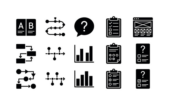 UX Testing Workflow, solid glyph icon set featuring AB test cards, journey map, question bubble, usability checklist, UI wireframe, user flow arrows, project timeline, graph comparison, survey