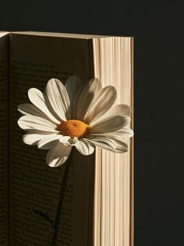 Close-up of an open book with a single white daisy flower resting on top of it. the daisy has a yellow center and is facing towards the right side of the image.