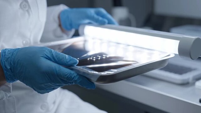 Scientist in blue gloves examining x-ray film under light in darkroom. Medical radiology analysis and film development process in laboratory