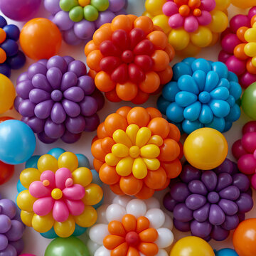Beautiful and intricate composition showing colorful spiral motifs formed by floating balloons arranged in symmetrical circular patterns, clean studio background, bright lighting, commercial