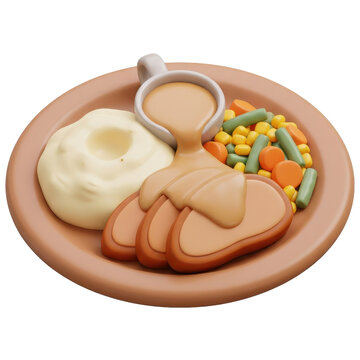 Thanksgiving 3d icon plate with turkey gravy mashed potato and vegetable for holiday meal