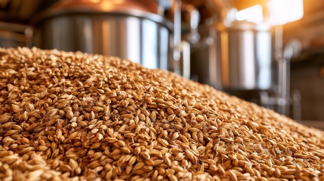 Close-up image of crushed malted barley grains with a brewing mash tun visible, highlighting the raw ingredients used in beer production and brewing processes.