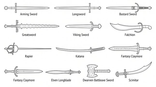 Twelve detailed sword illustrations showing varied blade and hilt designs representing medieval and fantasy weapon styles in outline art.