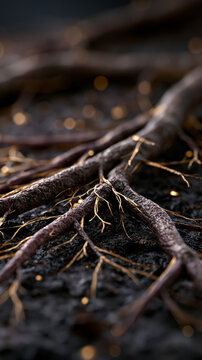 Stunning high-resolution capture featuring symbolic roots and branches intertwined in an elegant composition, representing community foundations and growth, sophisticated aesthetic