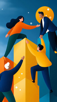 Team members helping one another climb symbolic geometric structures, representing support and achievement, motivational campaign aesthetic, showcasing incredible natural beauty and rich details