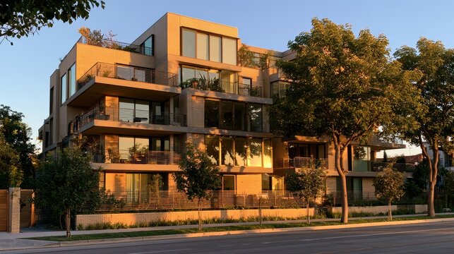 Exterior of a contemporary apartment complex featuring balconies and warm daylight