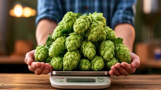 Close-up of fresh hops being measured on a digital scale, highlighting precision in brewing ingredients for craft beer production.