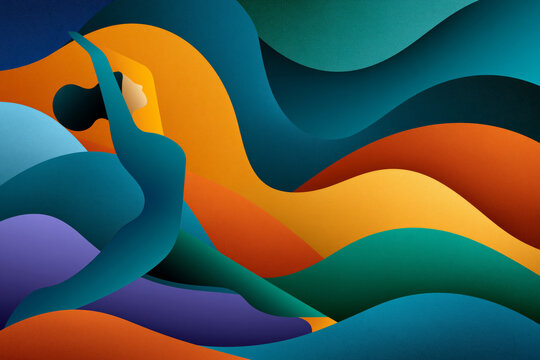 Illustration style, flowing yoga movement illustrated with abstract body contours and colorful layered shapes, clean modern design, premium illustration, no logos, no watermark, offering a unique and