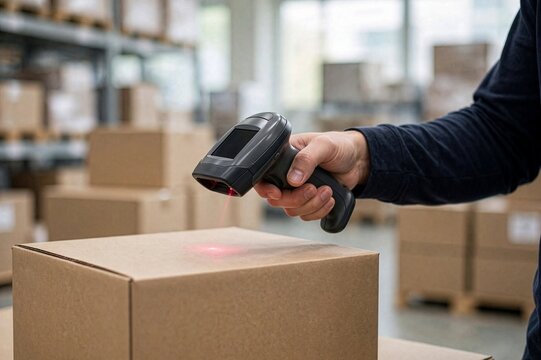 Close-up of a worker scanning a cardboard box with a barcode reader in a warehouse