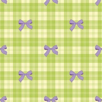 Cute purple ribbon bow seamless pattern on pastel gingham background. Coquette aesthetic plaid vector design for fashion, fabric, and packaging.