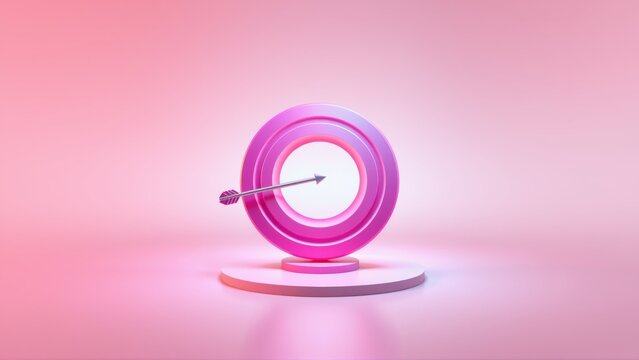Pink torus pierced by arrow. Minimalist design, soft lighting, pedestal base. Abstract geometry, vibrant color scheme, studio shot.