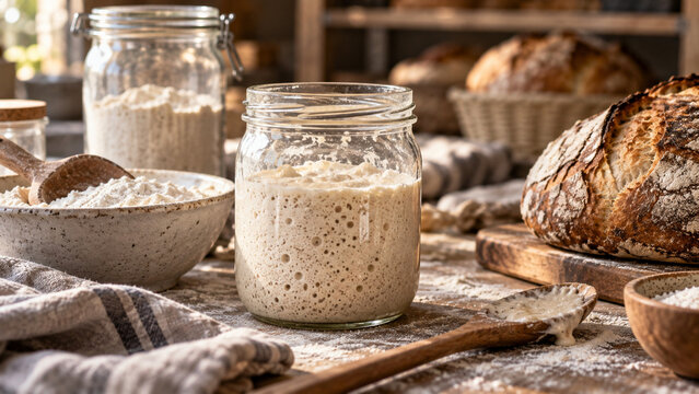 active sourdough starter in glass jar with artisan bread and flour in bakery kitchen