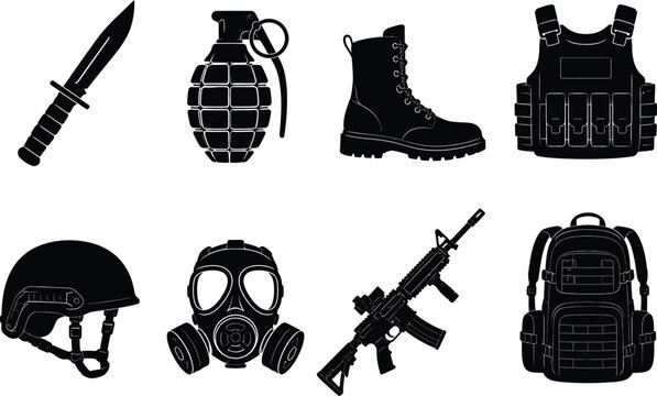 Comprehensive Military Tactical Gear Silhouette Icon Set featuring Assault Rifle, Grenade, Gas Mask, Helmet, Bulletproof Vest, Combat Boot, Knife, and Backpack for Defense and War Design.