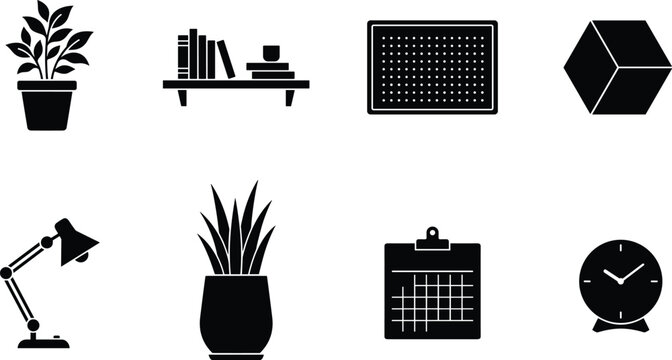 Office Accessory Silhouette Vector Bundle Featuring Plant, Bookshelf, Pegboard, Cube, Lamp, Clipboard, and Clock