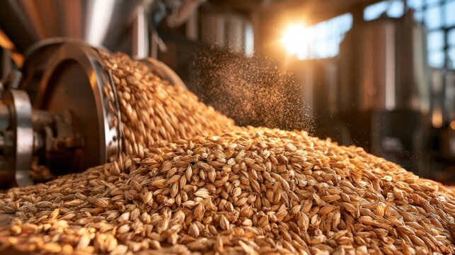 A grain mill crushing malted barley with visible dust particles, highlighting industrial food processing and milling in an agricultural setting.