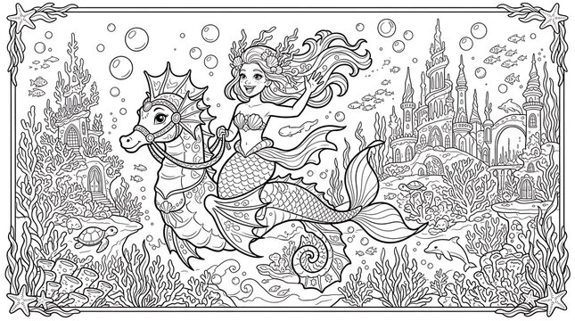 Happy mermaid riding a seahorse near an underwater castle with sea turtles and fish detailed coloring page for kids and fantasy fans