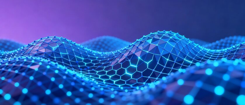 Abstract Digital Network Wave with Glowing Hexagonal Grid Structure