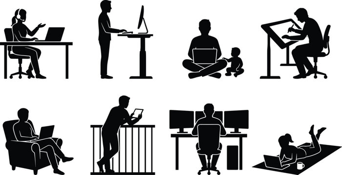 Modern Workspace Silhouette Vector Bundle Featuring People Using Laptops, Computers, Tablets, and Drafting Tables in Diverse Work Environments