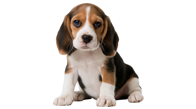 Adorable tricolor beagle puppy sitting and looking forward