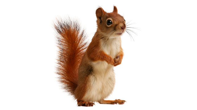 Red squirrel standing upright with fluffy tail and white belly fur