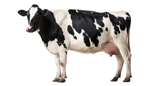 Black and white Holstein dairy cow standing in profile