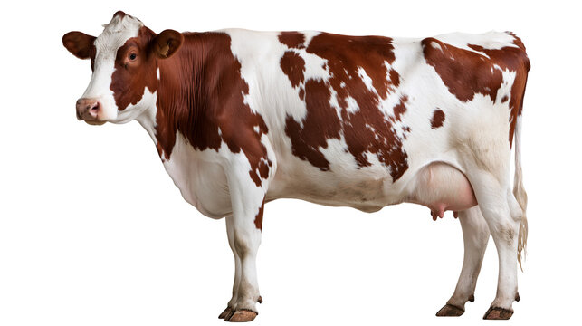 Brown and white spotted dairy cow standing in profile