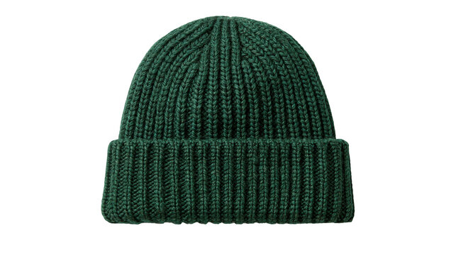 Dark green ribbed knit beanie cap with cuffed brim