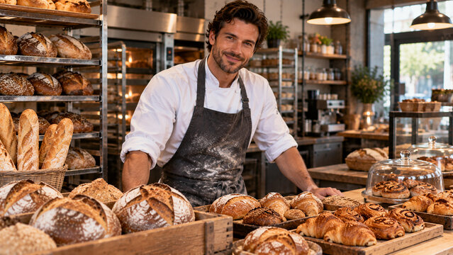 artisan baker standing behind fresh bread and pastries in modern bakery shop