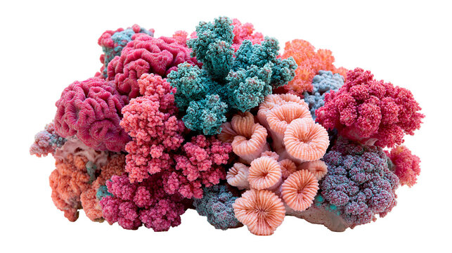 Vibrant multicolored reef coral cluster with textured brain and branching forms