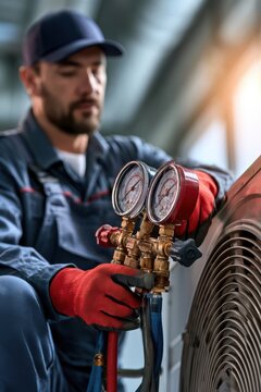 HVAC technician uses manifold gauges to inspect and service a heat pump refrigeration system, ensuring efficient operation and proper cooling performance.