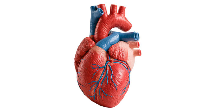 Anatomical human heart model with red ventricles and blue veins and arteries