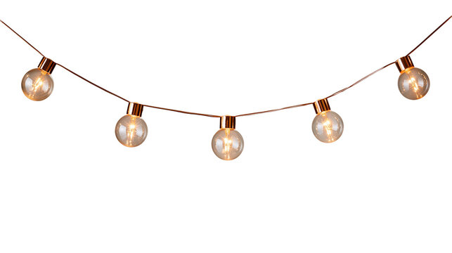 Copper wire string lights with glowing round glass Edison bulbs