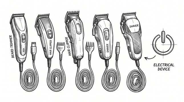 Five hand‑drawn clipper illustrations and power symbol representing grooming tools, personal care, and electrical device design.