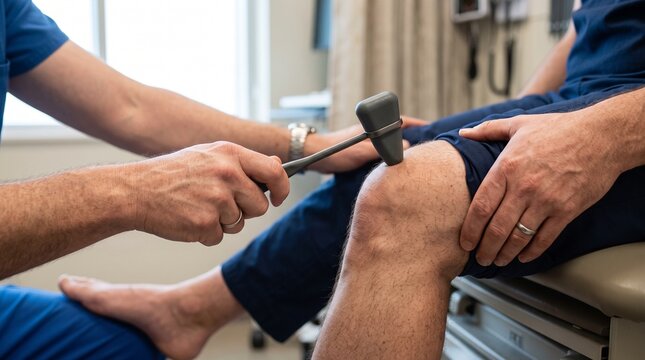 Doctor using a reflex hammer to test the knee tendon of a patient in a clinical examination room