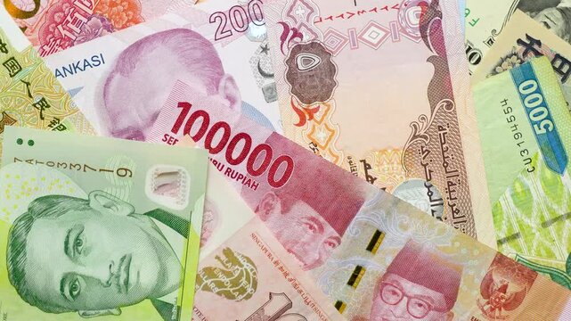 Close-up video rotating world currency banknotes including Singapore dollars and Indonesian rupiah