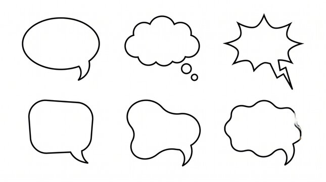 Six outlined comic bubble shapes including clouds, ovals, and blobs representing speech, thought, and graphic design elements.