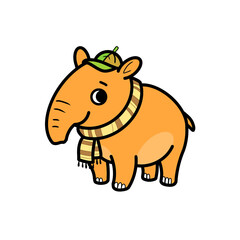 Obraz premium Cute Cartoon Baby Elephant Wearing a Green Winter Hat and Yellow Striped Scarf Illustration