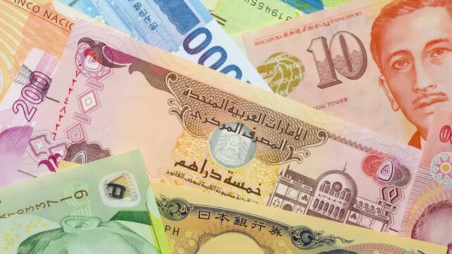 Rotating close-up of assorted international banknotes including Singapore dollars, dirhams, yen, and Korean won