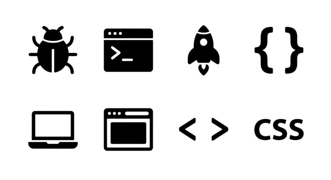 Coding Icons Set: Bug, Terminal, Rocket, Braces, Laptop, Window, Tags, CSS Symbols for Software Development and Web Design