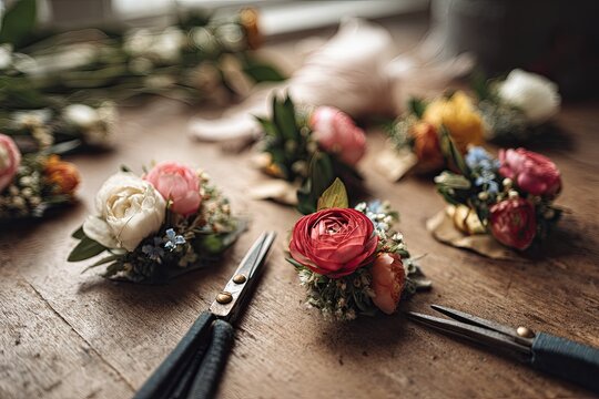 Floral arrangements display vibrant ranunculus flowers alongside scissors on wooden table. Bright colors and soft light enhance natural beauty in creative workspace