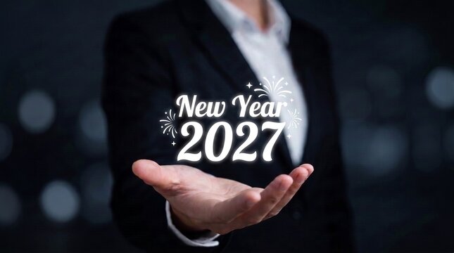 happy new year 2027 celebration and corporate greeting concept. glowing champagne toast and fireworks icon badge above open palm. businessman holding festive seasonal greeting graphic.

