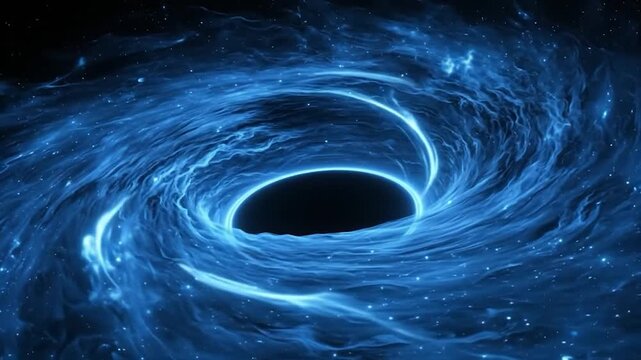 A mesmerizing black hole surrounded by a swirling vortex of vibrant blue cosmic dust, glowing particles, and distant twinkling stars