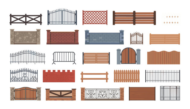 Fences and gates vector set featuring wooden stone brick picket and wrought iron boundary barrier illustrations.