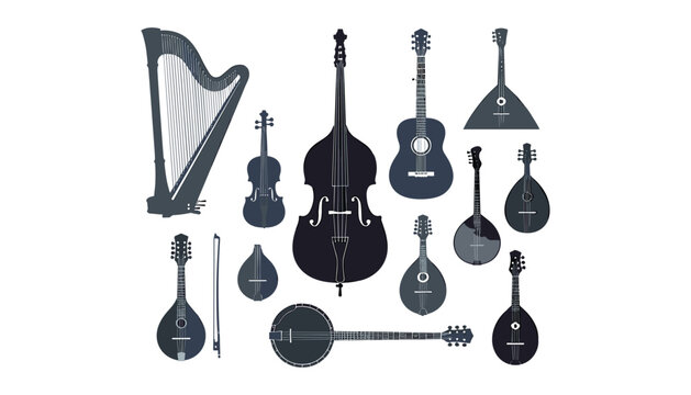 String musical instruments vector set featuring dark silhouettes of harp guitar double bass violin and banjo.
