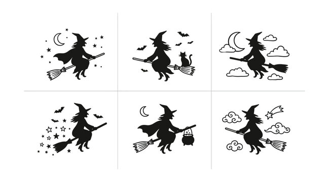 Set of silhouettes of witches flying on broomsticks for halloween