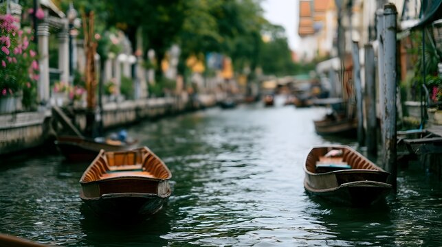 Two wooden boats float peacefully on a narrow canal lined with trees and buildings under soft daylight